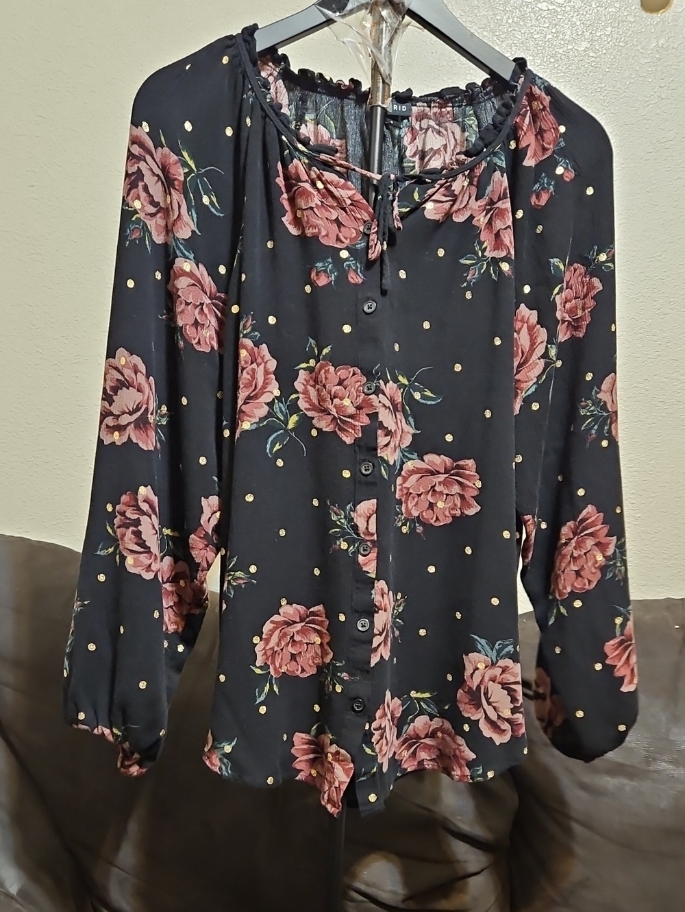 torrid Black Blouse with Pink Floral & Gold Dots
